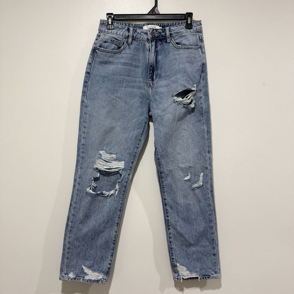 Hidden Light Wash High Rise Slim Boyfriend Straight Distressed Jeans Women Sz 26